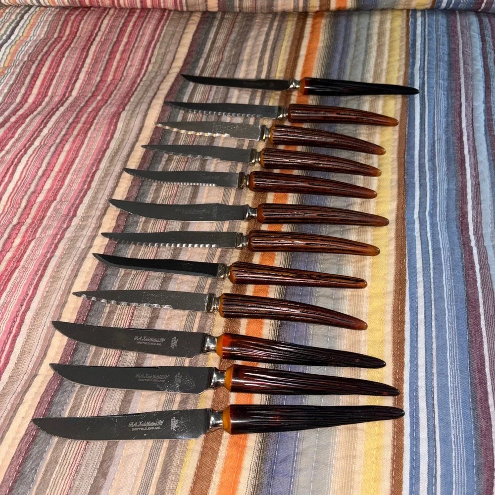 Vtg Sheffield Eng Steak & Butter Knife Set 13pc Faux Horn Handle Stainless Steel
